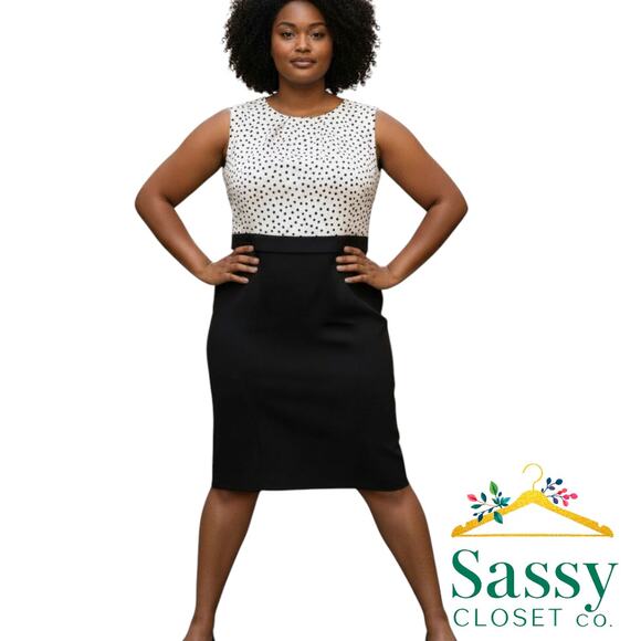 Talbots Black White Midi Dress V Neck Sheath Lined Career Cocktail Size 14 EUC - Picture 1 of 6